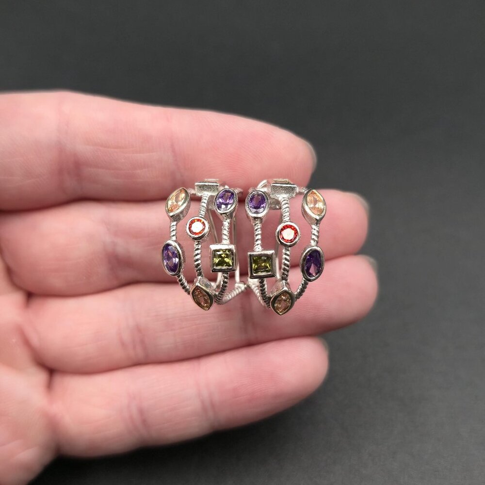Sterling Silver Twisted Cable Colorful Cubic Zirconia Gem Earrings A7248